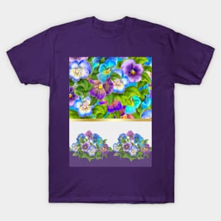 Beautiful Pansy Flowers Violet Viola Tricolor Floral Pattern. Watercolor Hand Drawn Decoration. Spring colorful pansies in bloom garden flowers T-Shirt